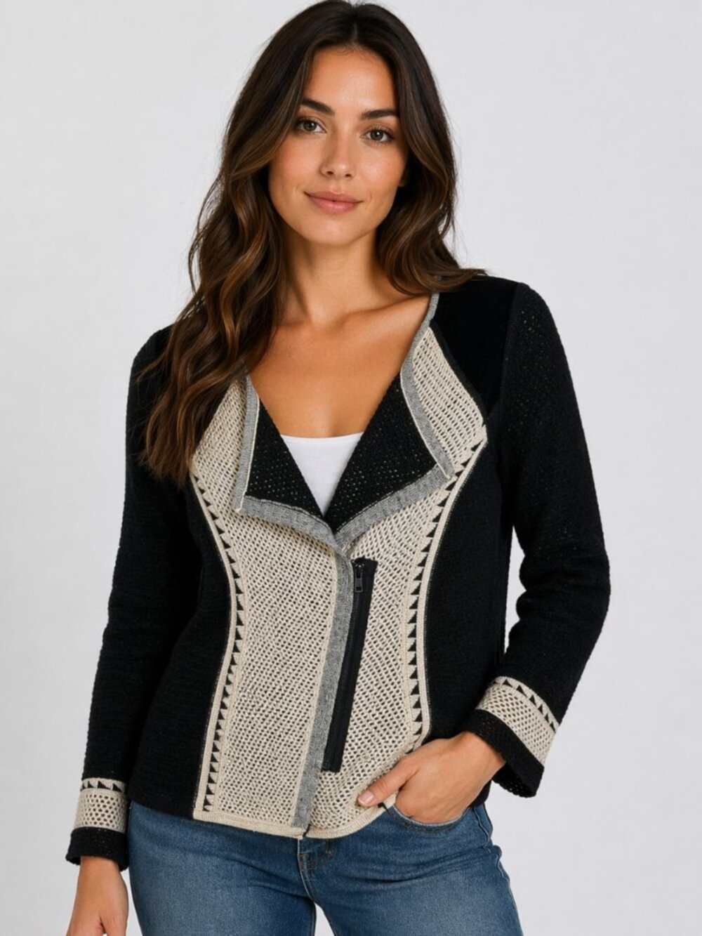 Curio New York Zip Cardigan Sweater Womens S  Black Cream Asymmetrical Zip
